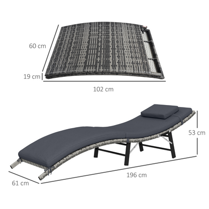 Outsunny Folding Rattan Sun Lounger Outdoor Chair with Cushion and Pillow, Grey