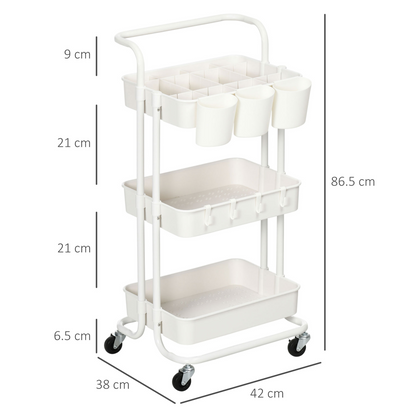 HOMCOM 3-Tier Utility Cart, Rolling Serving Trolley with Baskets and Hooks