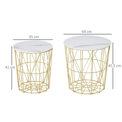HOMCOM Set of 2 Nesting End Tables Side Tables w/ Basket Removable Top, White