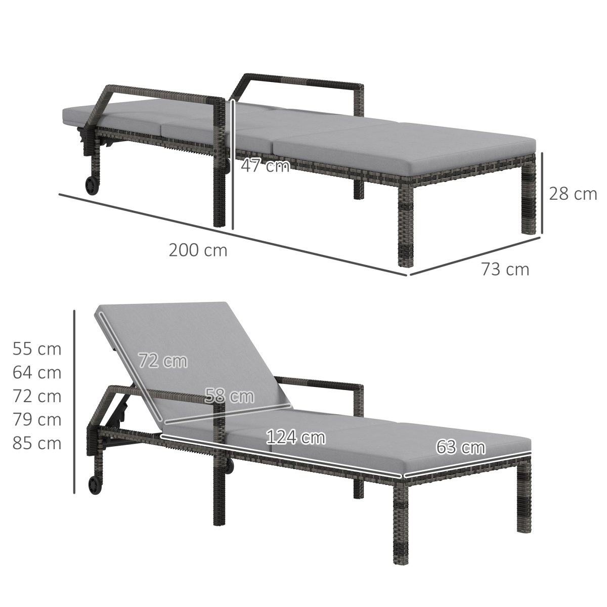 Outsunny Rattan Wicker Chaise Sun Lounger Garden w/ Adjustable Backrest & Wheels