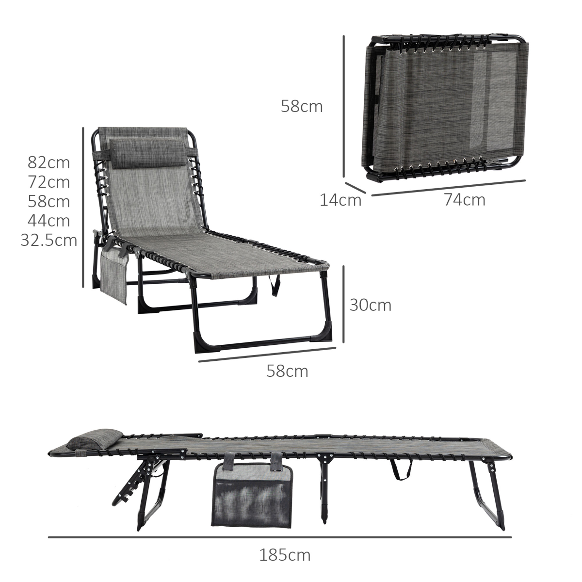 Portable Sun Lounger, Folding Camping  Adjustable , Pillow Grey