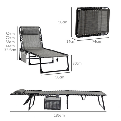 Portable Sun Lounger, Folding Camping  Adjustable , Pillow Grey