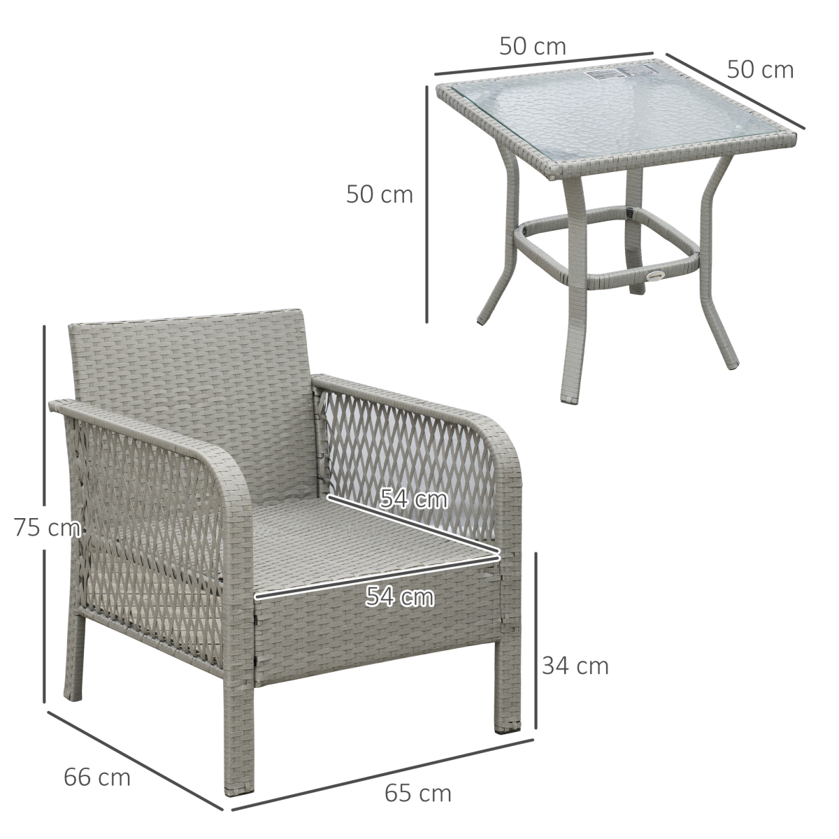 3 Pieces Patio PE Rattan Bistro Set w/ Armchairs Tempered Glass Table Outsunny