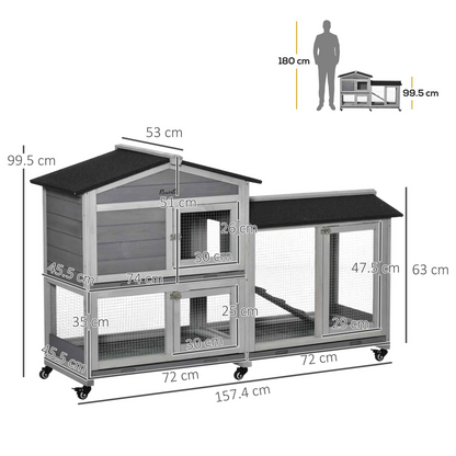 Wooden Rabbit Hutch, Guinea Pig Cage w/ Wheels, Slide-Out Tray, Ramp Light Grey