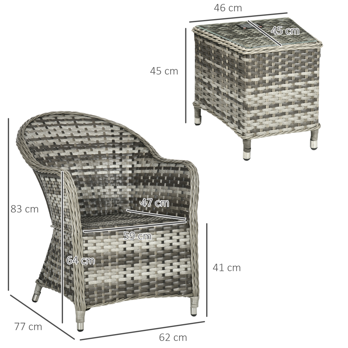 3 PCS Aluminium Rattan Bistro Set with Soft Cushions & Glass Top