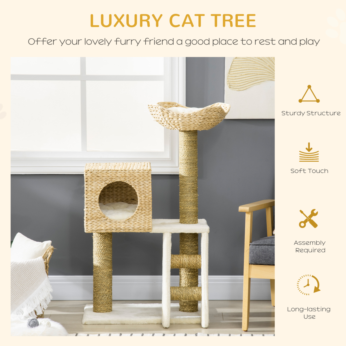 Cat Tree Kitten Tower Cattail Weave w/ Scratching Posts, Bed, House Pawhut