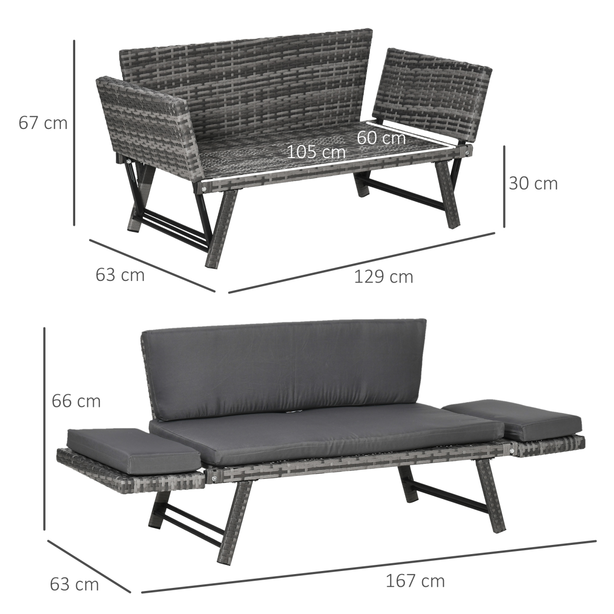 2 in 1 Rattan Folding Daybed Sofa Grey w/Cushion