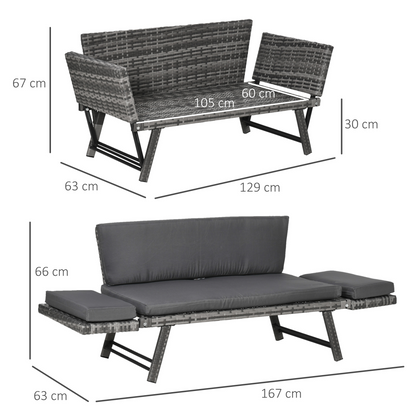 2 in 1 Rattan Folding Daybed Sofa Grey w/Cushion
