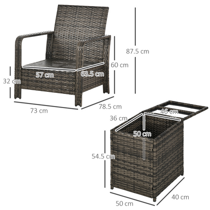 3 Piece PE Rattan Garden Sofa Set w/ 2 Chairs & Storage Table Grey Outsunny