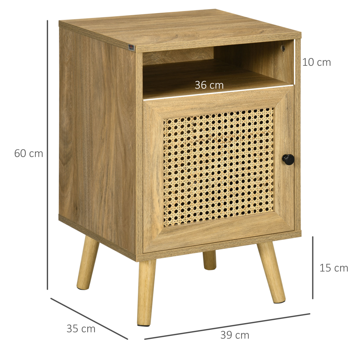 HOMCOM Nightstand, Rattan Bedside Table, Sofa Side Table w/ Cabinet, Shelf