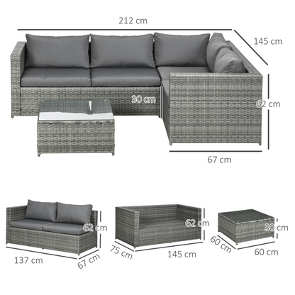 Outsunny 3Pcs Rattan Corner Sofa Set Coffee Table Garden Furniture w/ Cushion