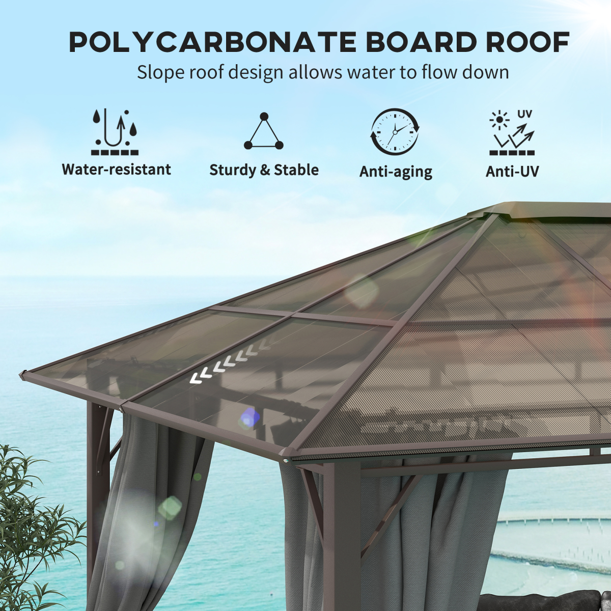 Outsunny 3.6x3(m) Hardtop Gazebo Garden Pavilion w/ Polycarbonate Roof, Grey