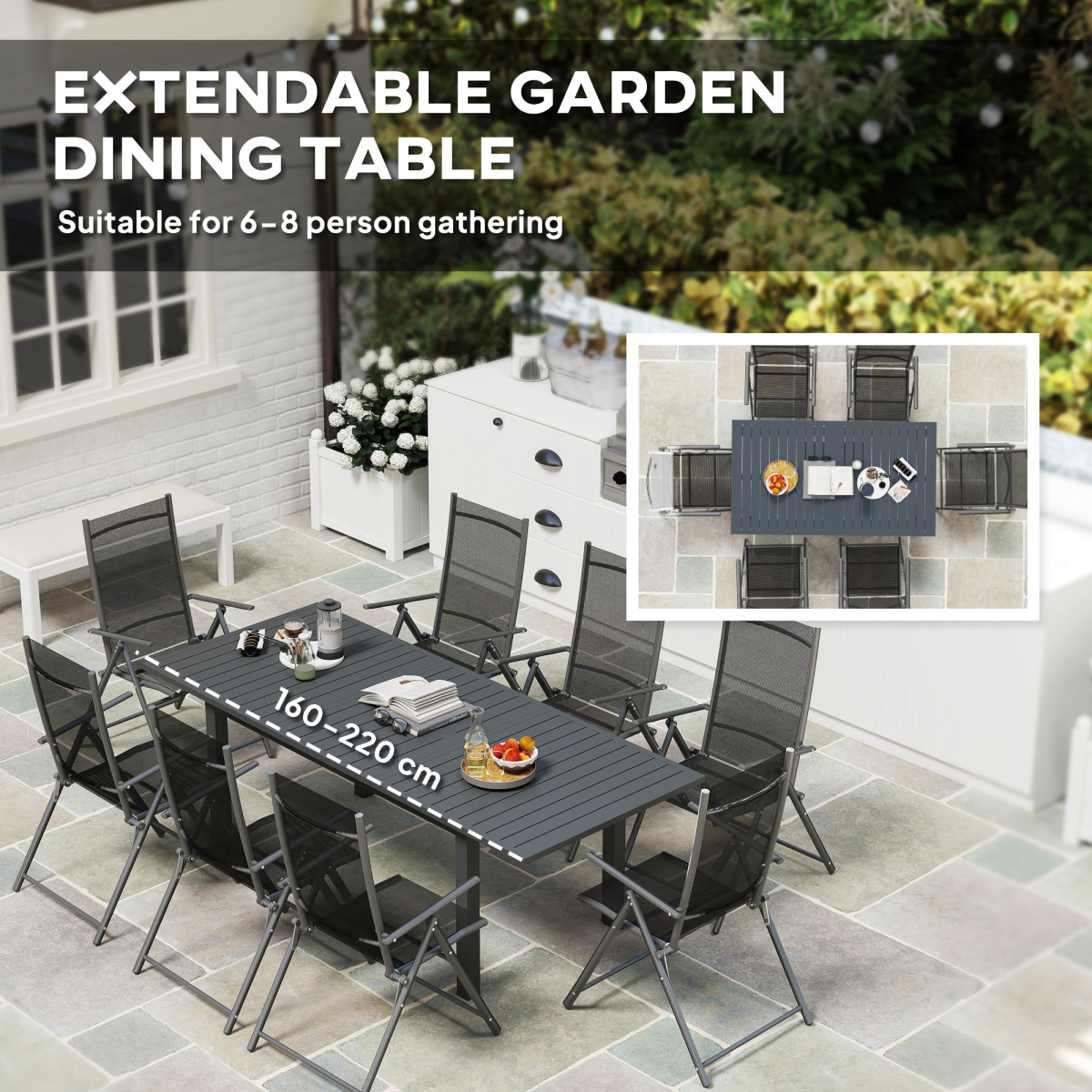 Outsunny Extending Garden Table with Slatted Top, 160/220 x 90 x 73 cm, Grey