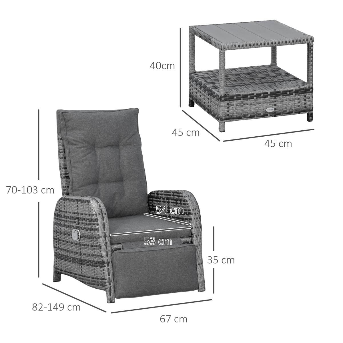 3 Pcs Rattan Chaise Lounge Sofa Set Bistro & Cushion Mixed Grey