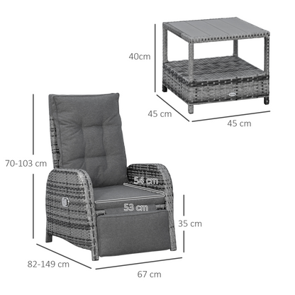 3 Pcs Rattan Chaise Lounge Sofa Set Bistro & Cushion Mixed Grey