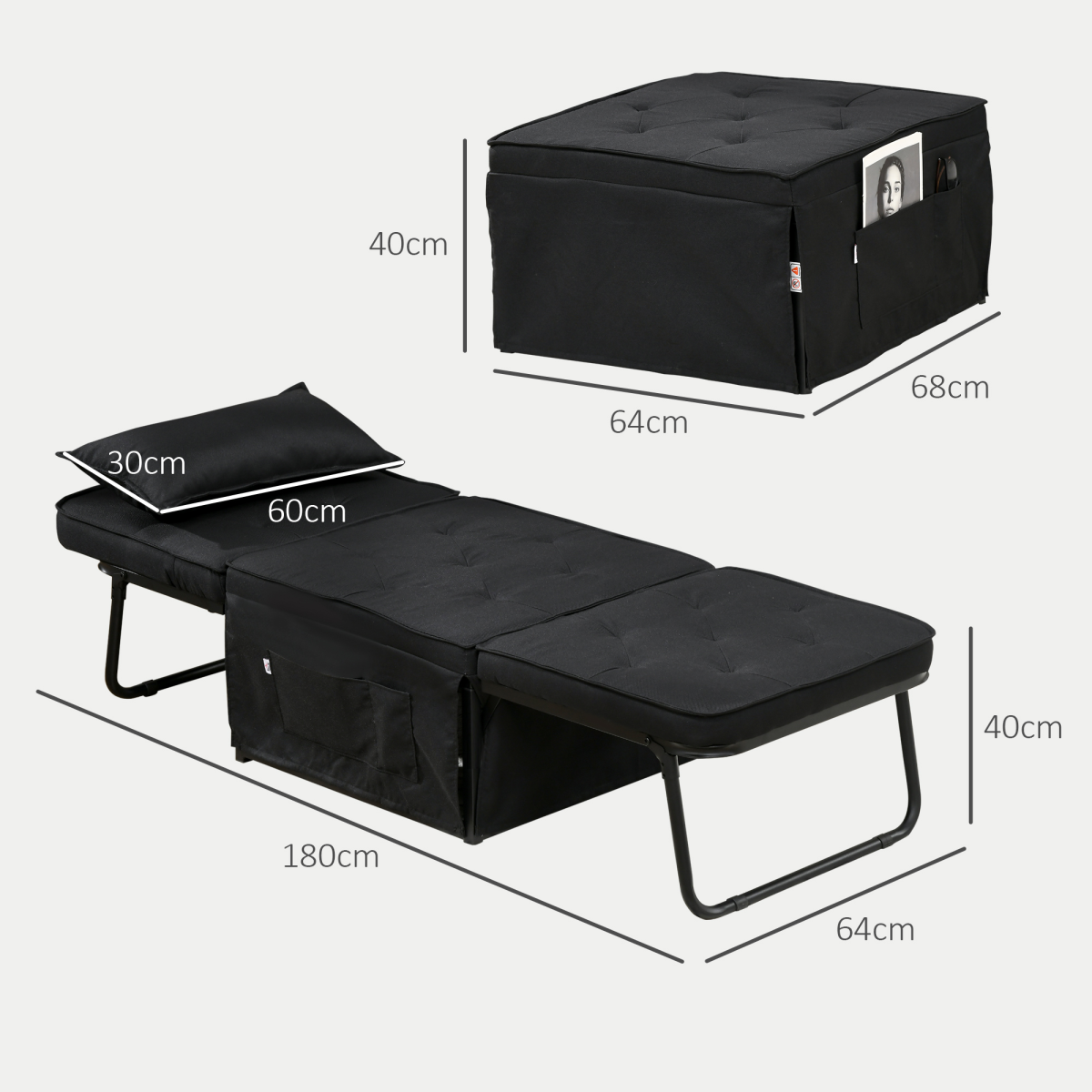 HOMCOM Folding Sleeper Chair Bed with Pillow and Side Pockets, Black