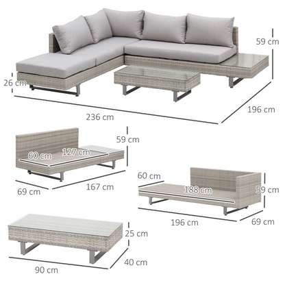 3pc Rattan Sofa Set Lounge Furniture Tea Table, Side Table & Cushioned Grey
