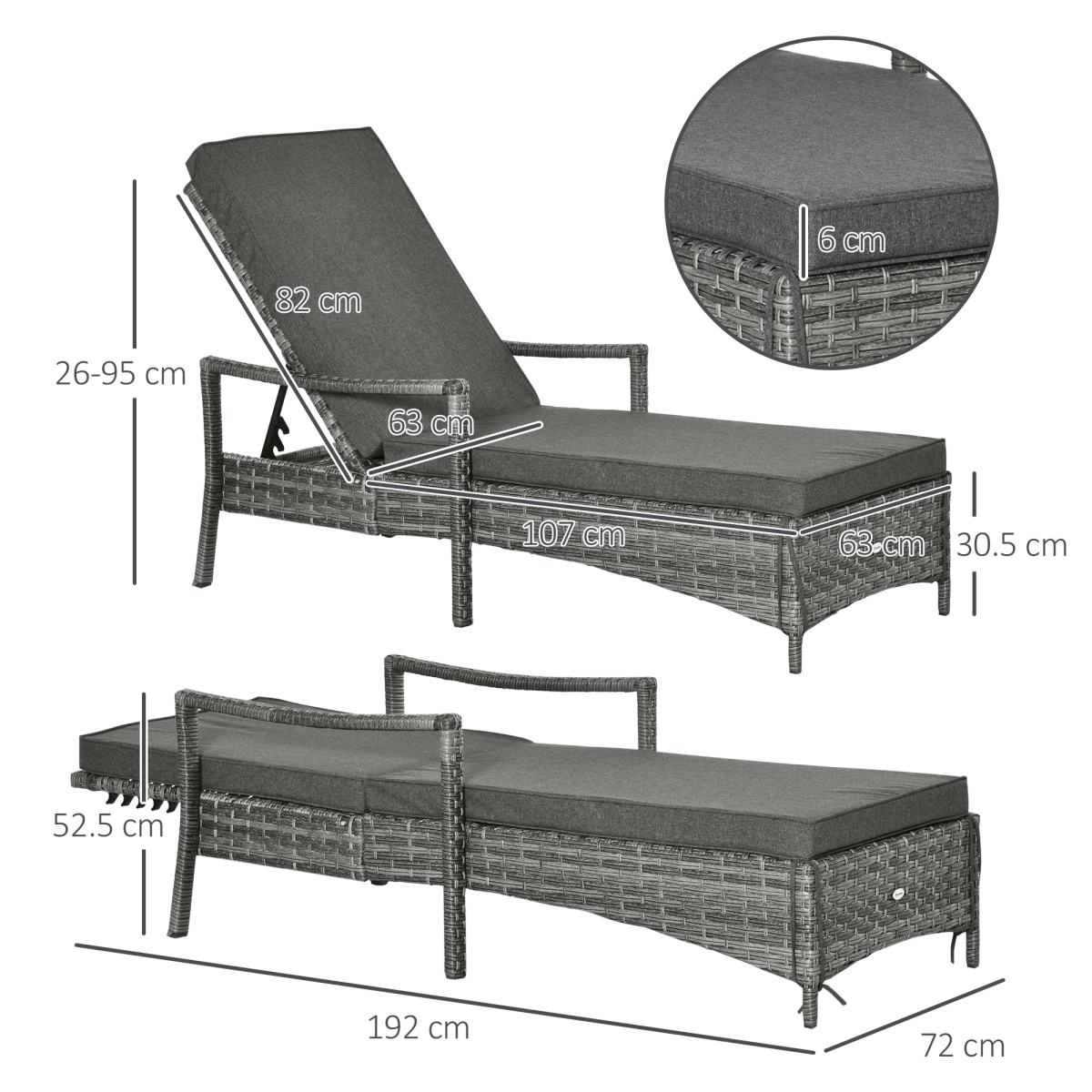 Rattan Single Sun Lounger Reclining Chair 4 Adjustable Backrest & Cushion Grey