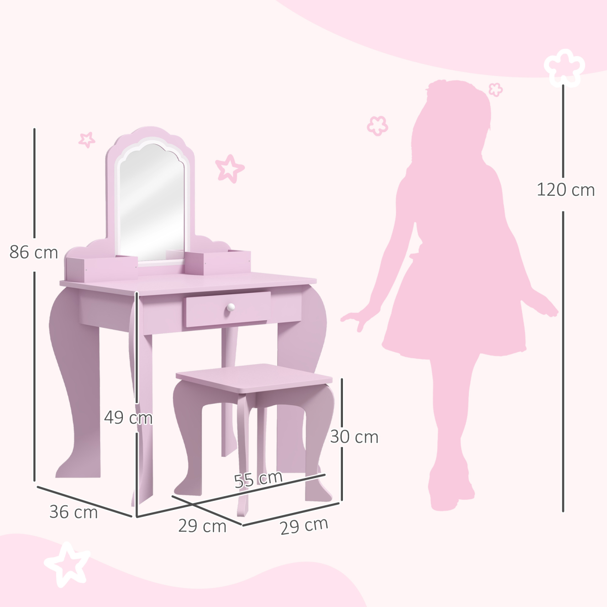 ZONEKIZ Kids Dressing Table Cloud Design with Mirror Stool Drawer Storage Boxes