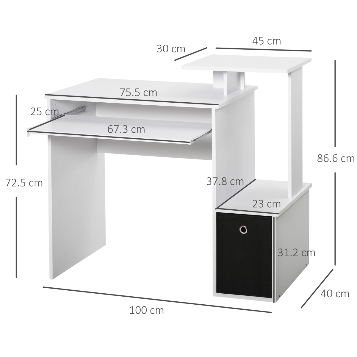 Computer Desk with Sliding Keyboard Tray Storage Drawer Shelf White