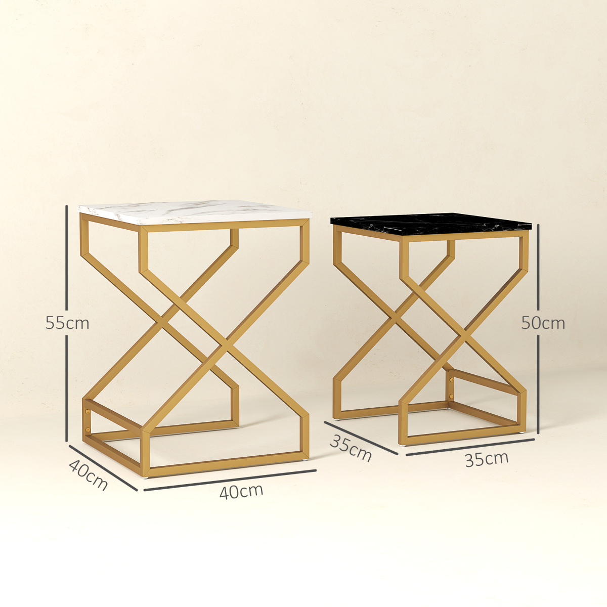 HOMCOM Nest Of Tables, Coffee Table Set with Steel Frame Black/White