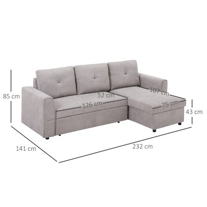 HOMCOM Linen-Look L-Shaped Sofa Bed w/ Storage Bed Sleeper Flat Studio Grey