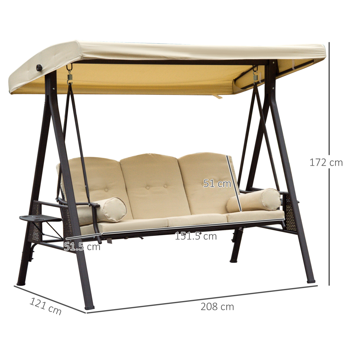 Steel Swing Chair Hammock Garden 3 Seater Canopy Cushion Shelter Beige