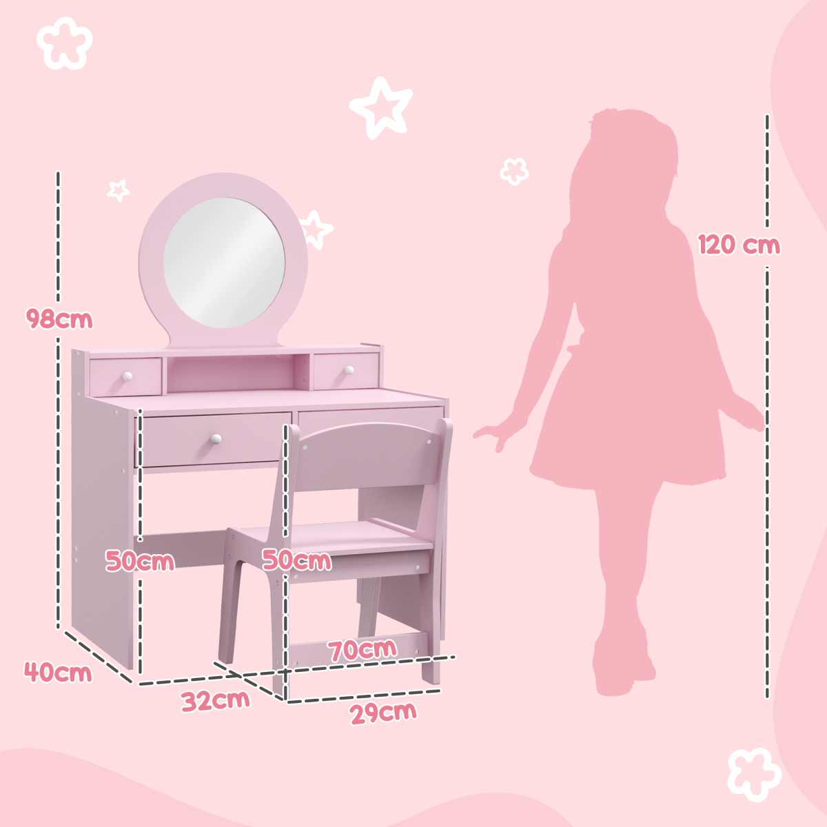 AIYAPLAY Kids Dressing Table Set w/ Stool, Mirror, Drawers - Pink