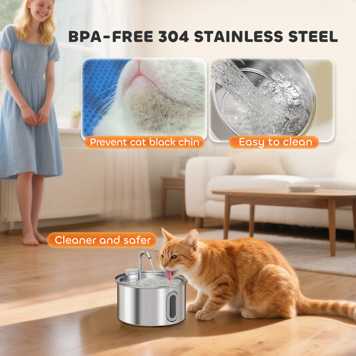 PawHut 2.5L Cat Water Fountain for Drinking Stainless Steel Ultra-Silent