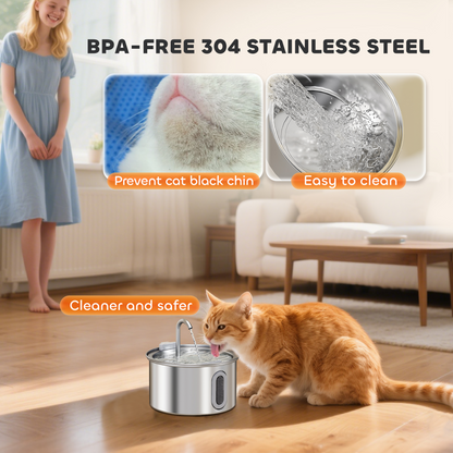 PawHut 2.5L Cat Water Fountain for Drinking Stainless Steel Ultra-Silent