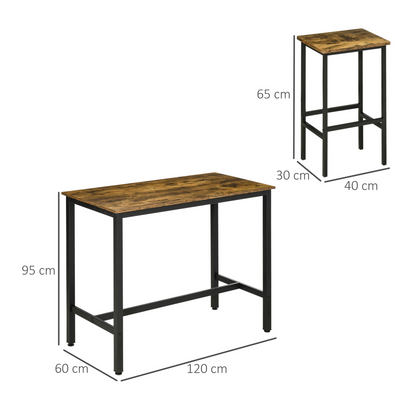 Industrial Bar Table Set, 2 Stools, 3PC Counter Height Rustic Brown