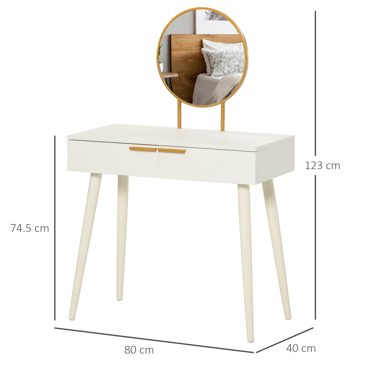 HOMCOM Modern Dressing Table w/ 2 Drawers Round Mirror for Bedroom White