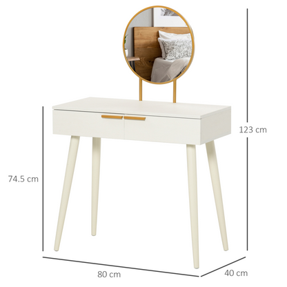 HOMCOM Modern Dressing Table w/ 2 Drawers Round Mirror for Bedroom White