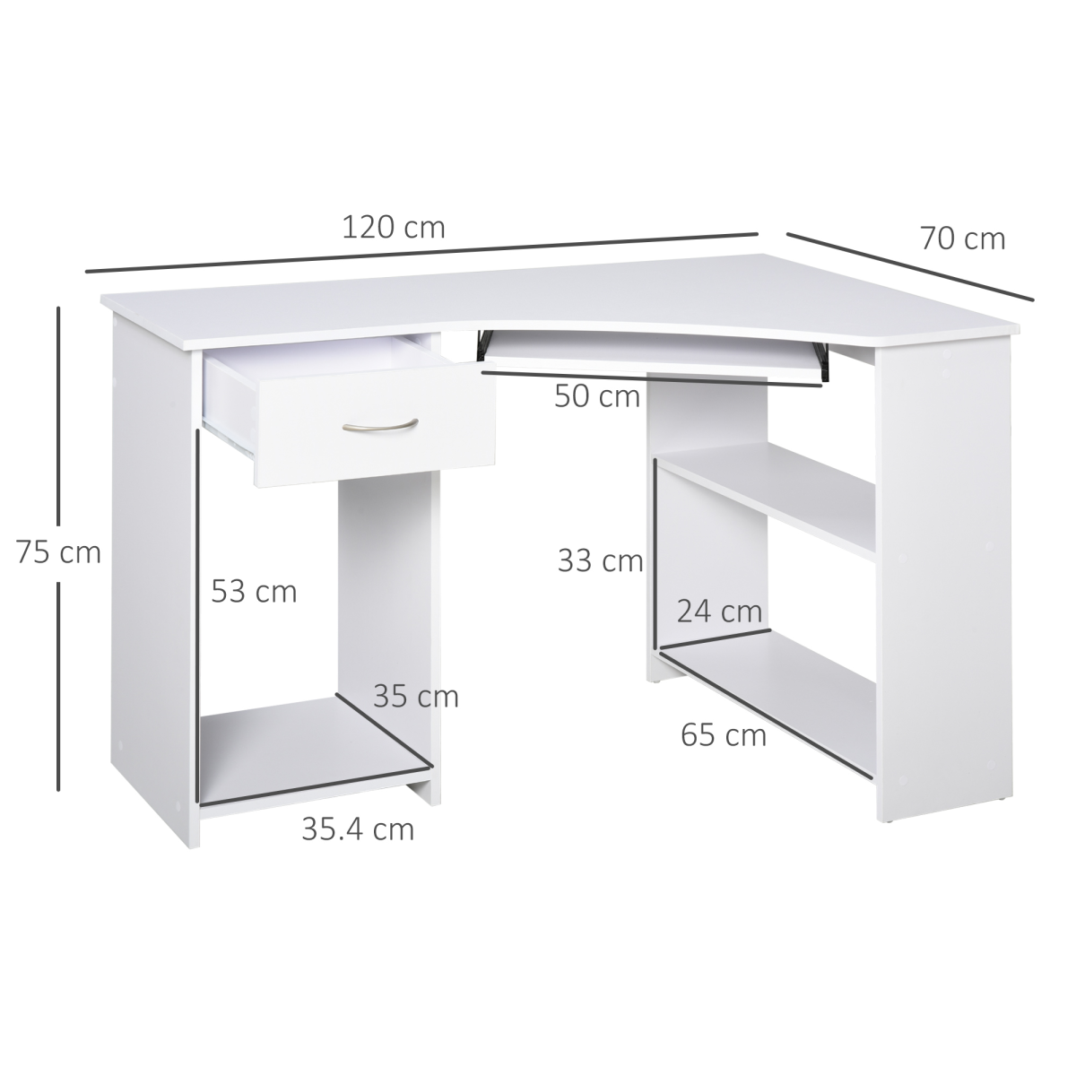 L-Shaped Corner Computer Desk w/ 2 Shelves Worktop Keyboard Tray White