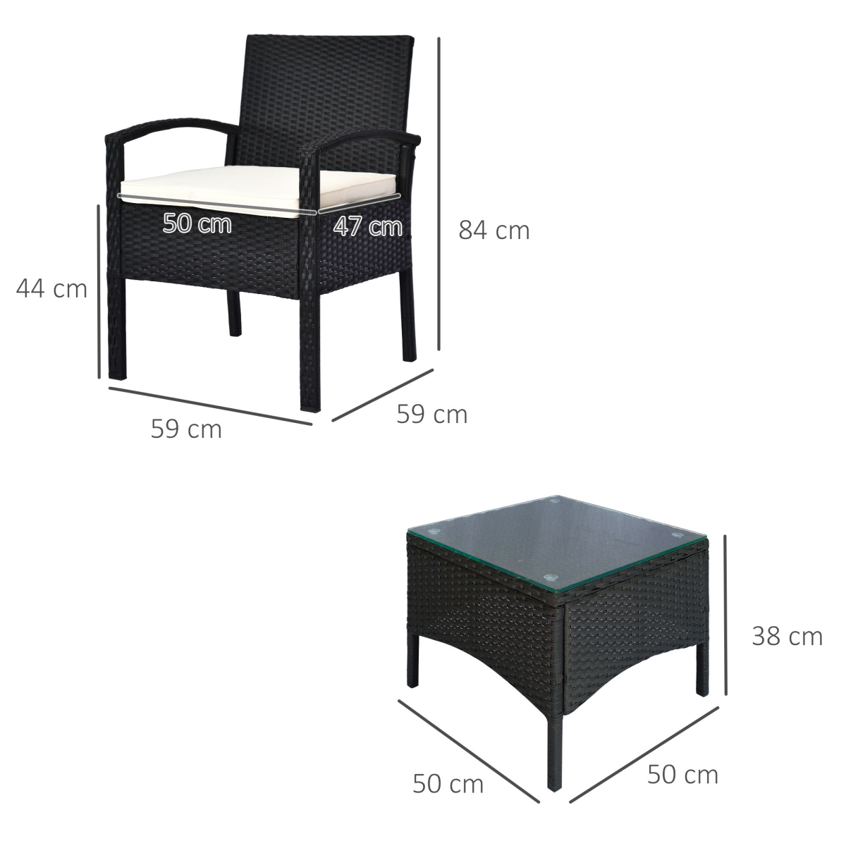 Outsunny 2 Seater Rattan Bistro Set, Steel-Black