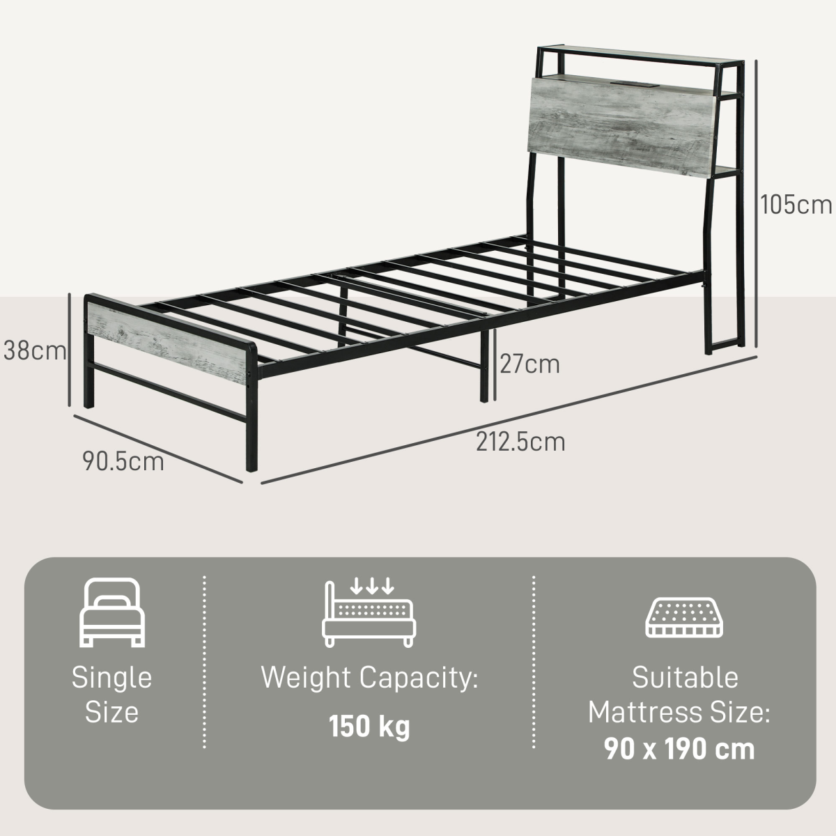 HOMCOM LED Single Bed Frame with Charging Station, 90 x 190cm, Cement Grey