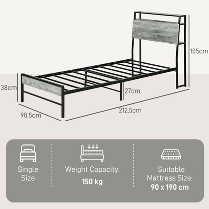 HOMCOM LED Single Bed Frame with Charging Station, 90 x 190cm, Cement Grey