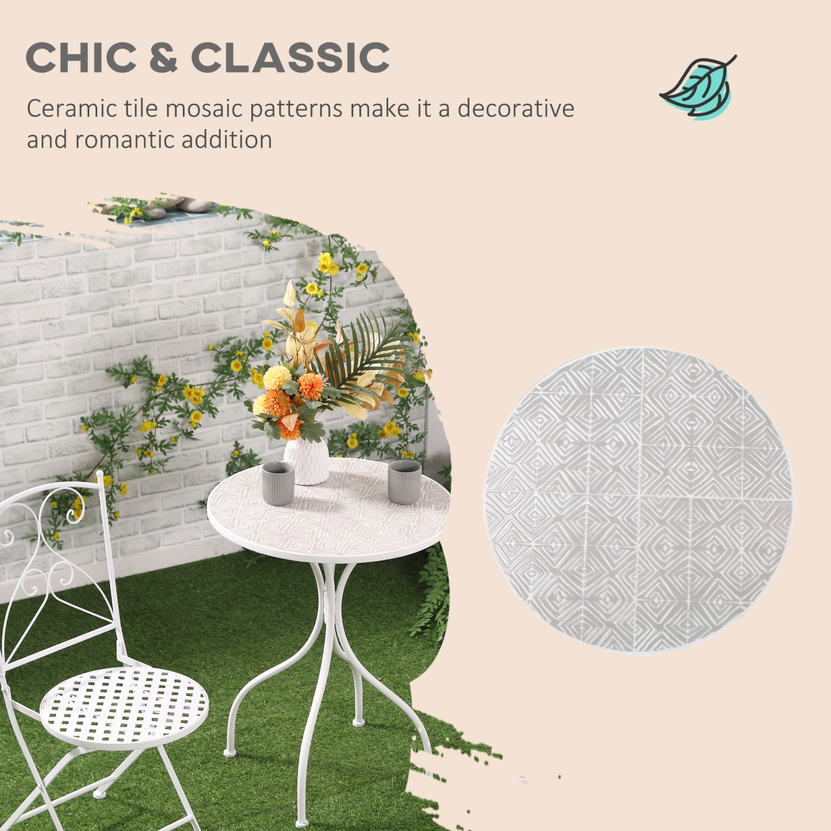 3 Piece Garden Bistro Set w/ Mosaic Top for Patio, Balcony, Poolside