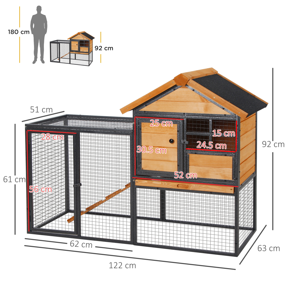 Wood-metal Rabbit Hutch Elevated Pet House Outdoor 122 x 63 x 92cm