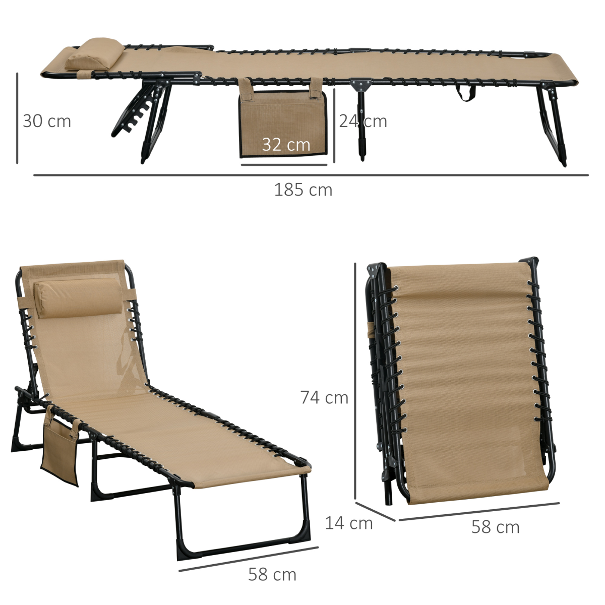 Portable Sun Lounger, Adjustable Backrest PillowBeige