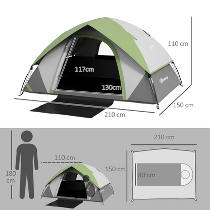 Outsunny 2  Man Camping Tent with Sewn-in Groundsheet, 3000mm Waterproof, Green