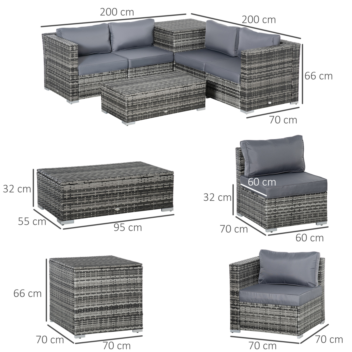 6PC Rattan Corner Sofa Set Table  w/ Cushion Grey