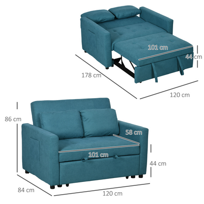HOMCOM 2 Seater Sofa Bed Convertible Bed Settee with Cushions, Pockets, Blue