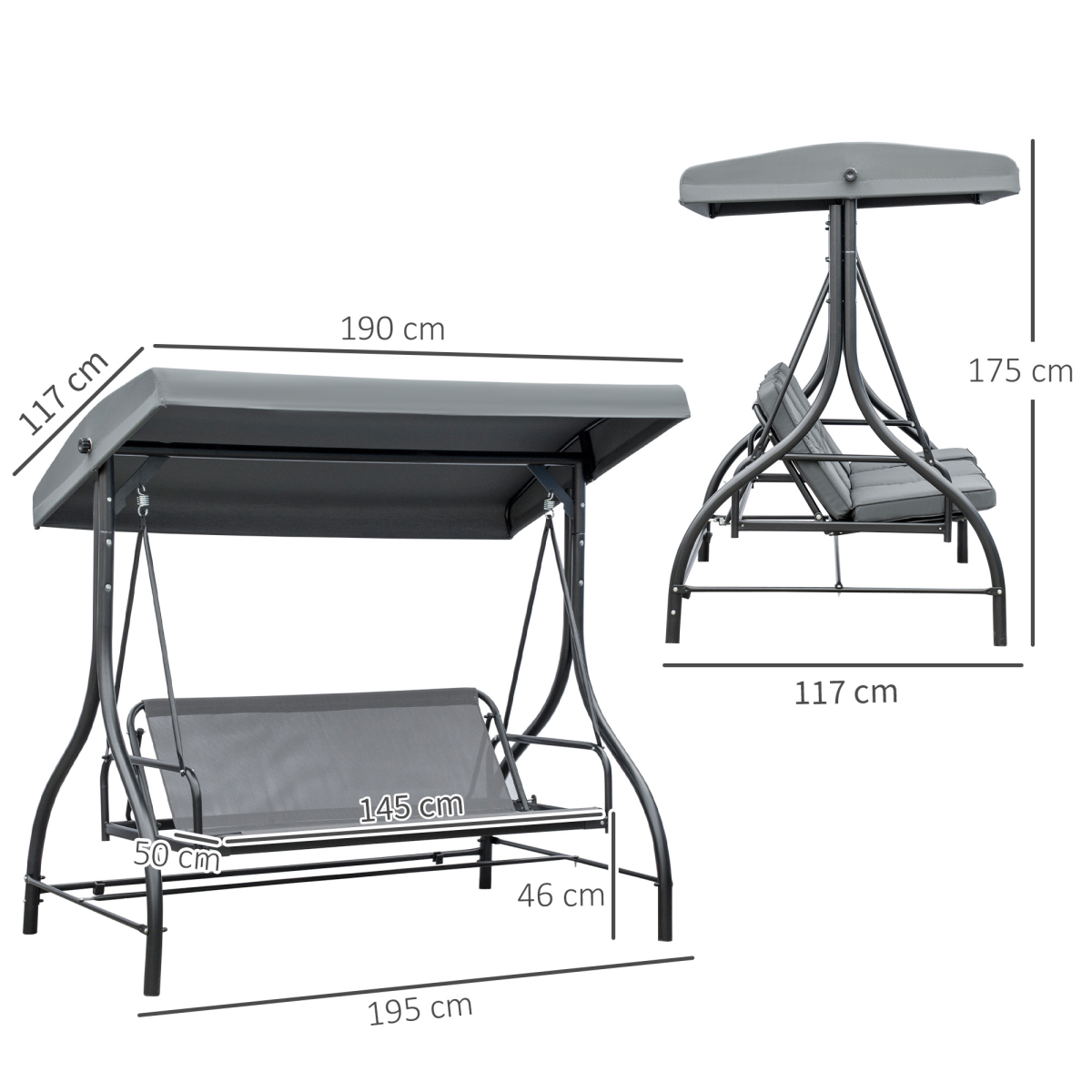 3 Seater Canopy Swing Chair Porch Hammock Bed Rocking Bench Dark Grey