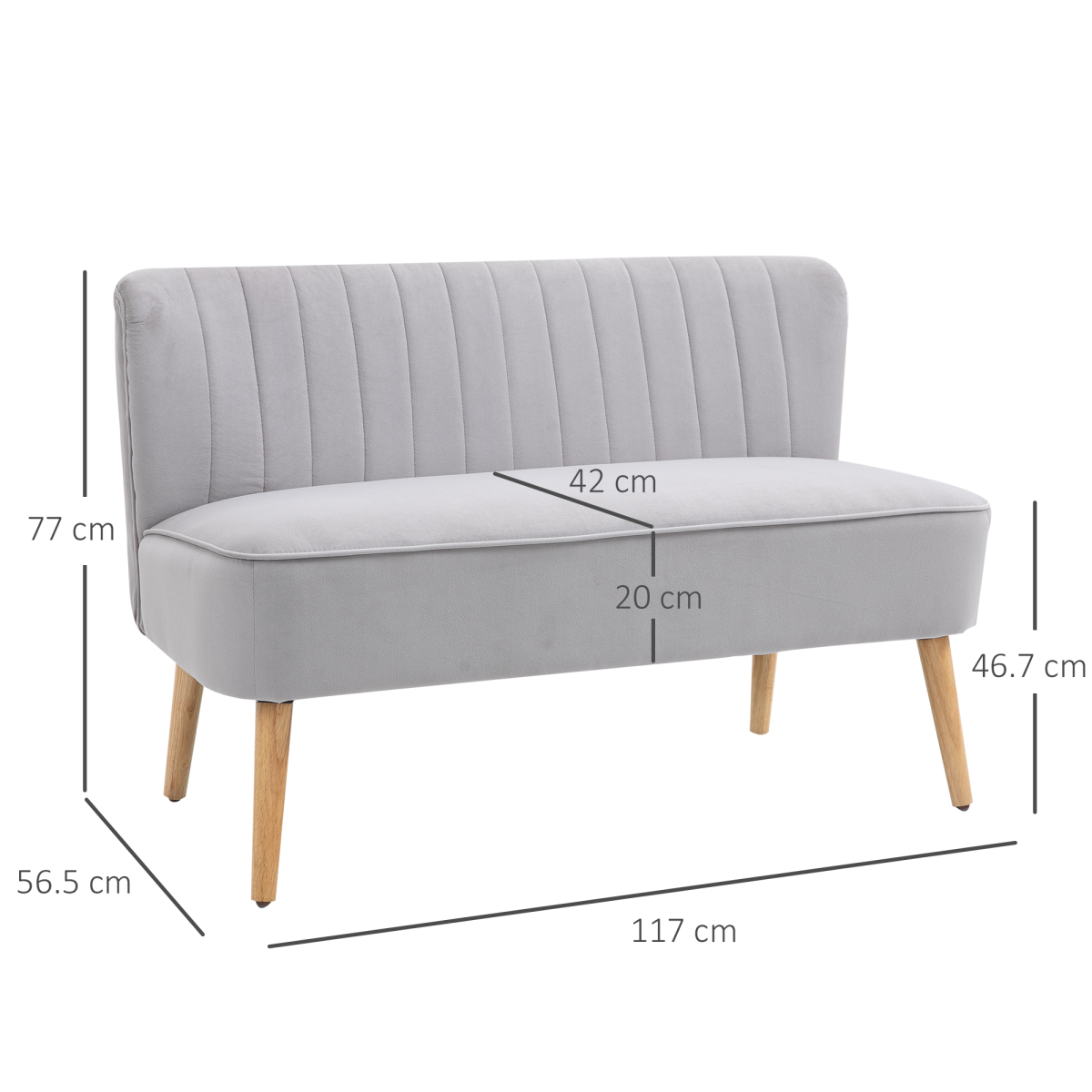Modern Double Seat Sofa Compact Loveseat Couch Padded Velvet Wood Legs, Grey
