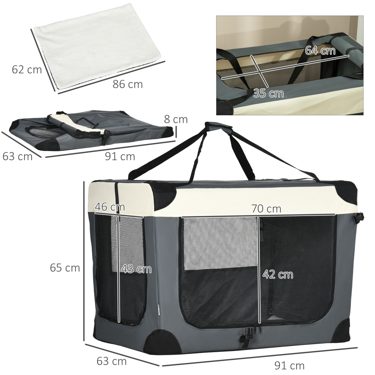 91cm Foldable Pet Carrier w/ Cushion, for Large Dogs and Cats - Grey Pawhut