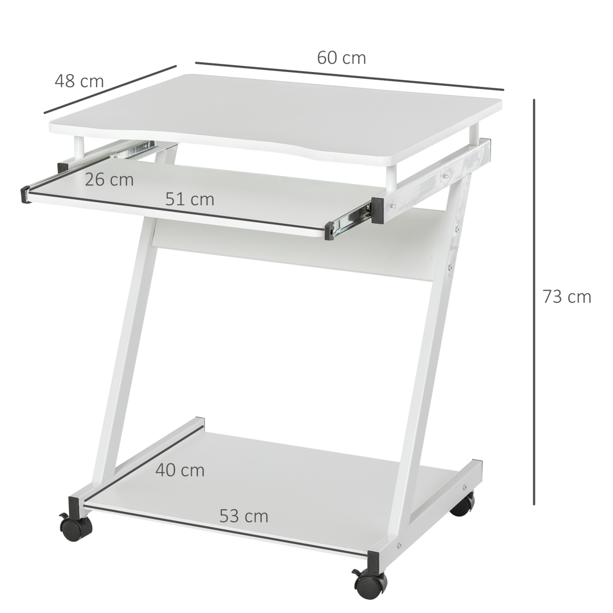 Computer Desk with 4 Moving Wheels Sliding Keyboard Tray White