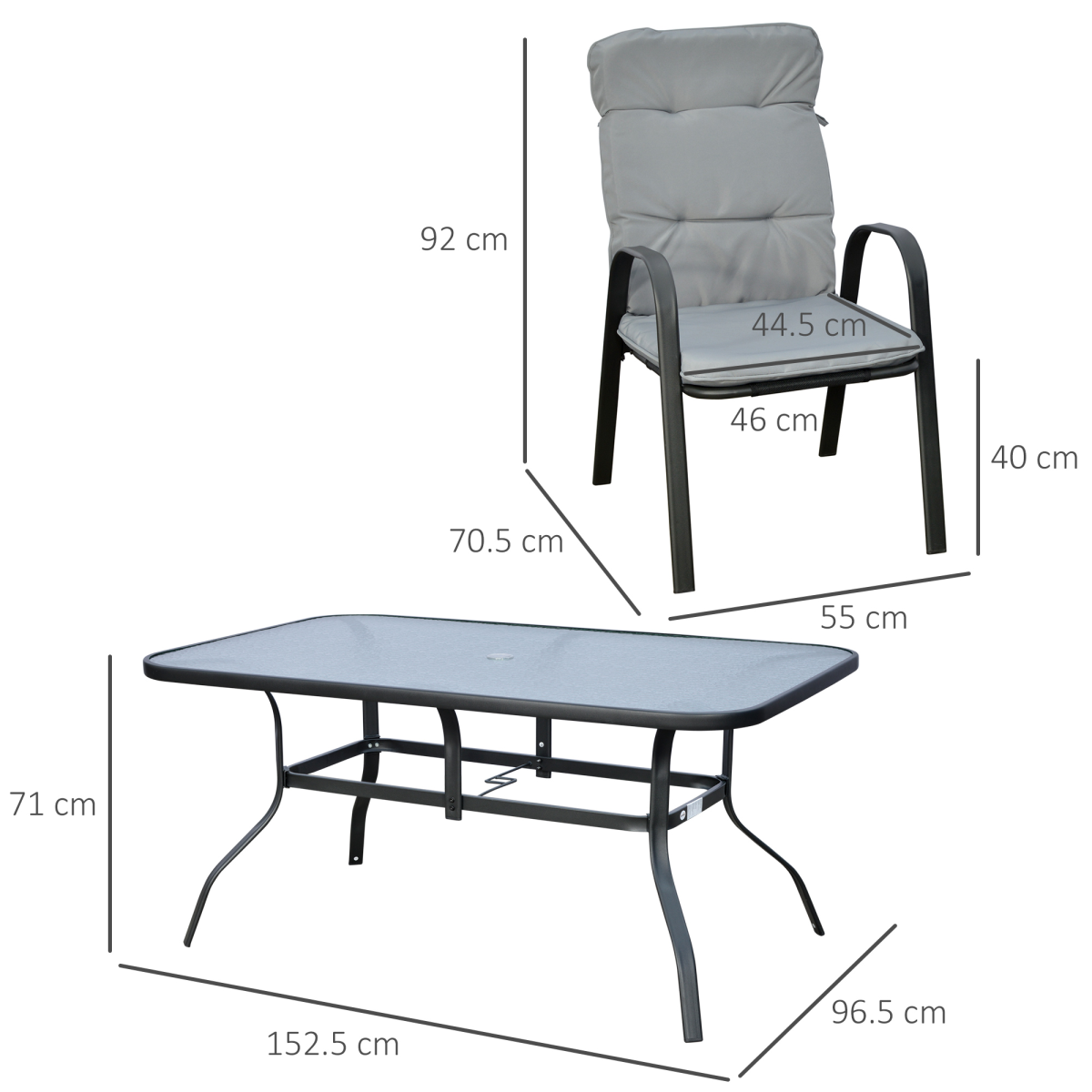 Outsunny 7 PCs Garden Dining Set, Glass Table w/ Umbrella Hole & Cushion, Black