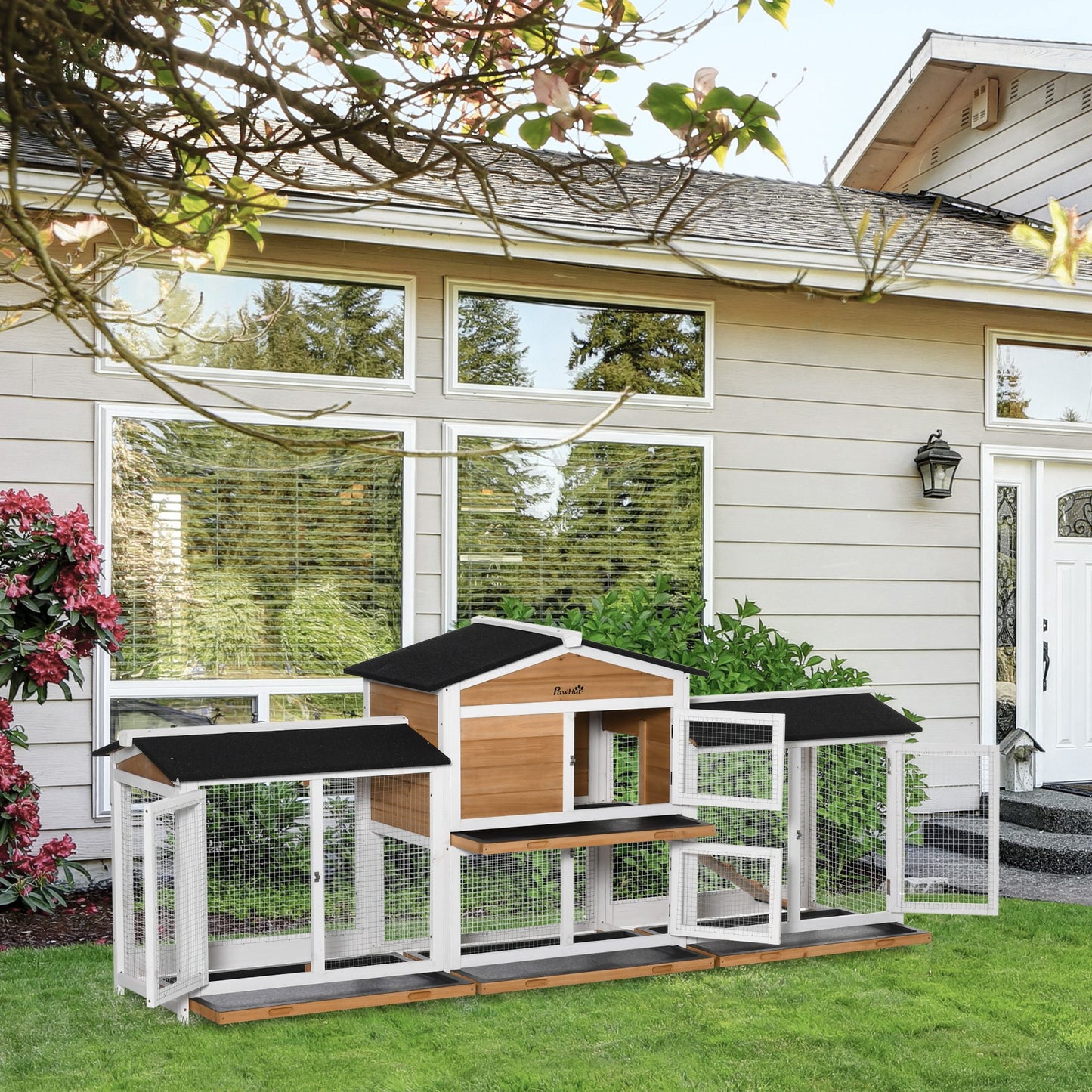Two-Tier Wooden Rabbit Hutch Guinea Pig Hutch w/ Two Runs, Slide-Out Tray, Ramp