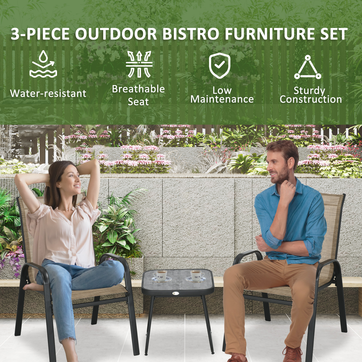Outsunny 3PCs Bistro Set w/ Breathable Mesh Fabric & PSC Board Top Table, Brown